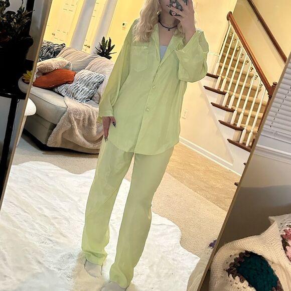 Victoria's Secret bright green long pajama set pants and button down - Picture 1 of 15